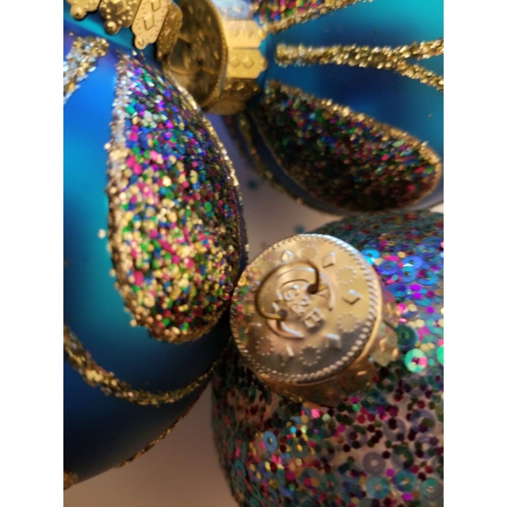 Vintage Glass Ornaments Round Sparkle Blue Multicolor Marked G & B Set of 4 - Picture 3 of 3